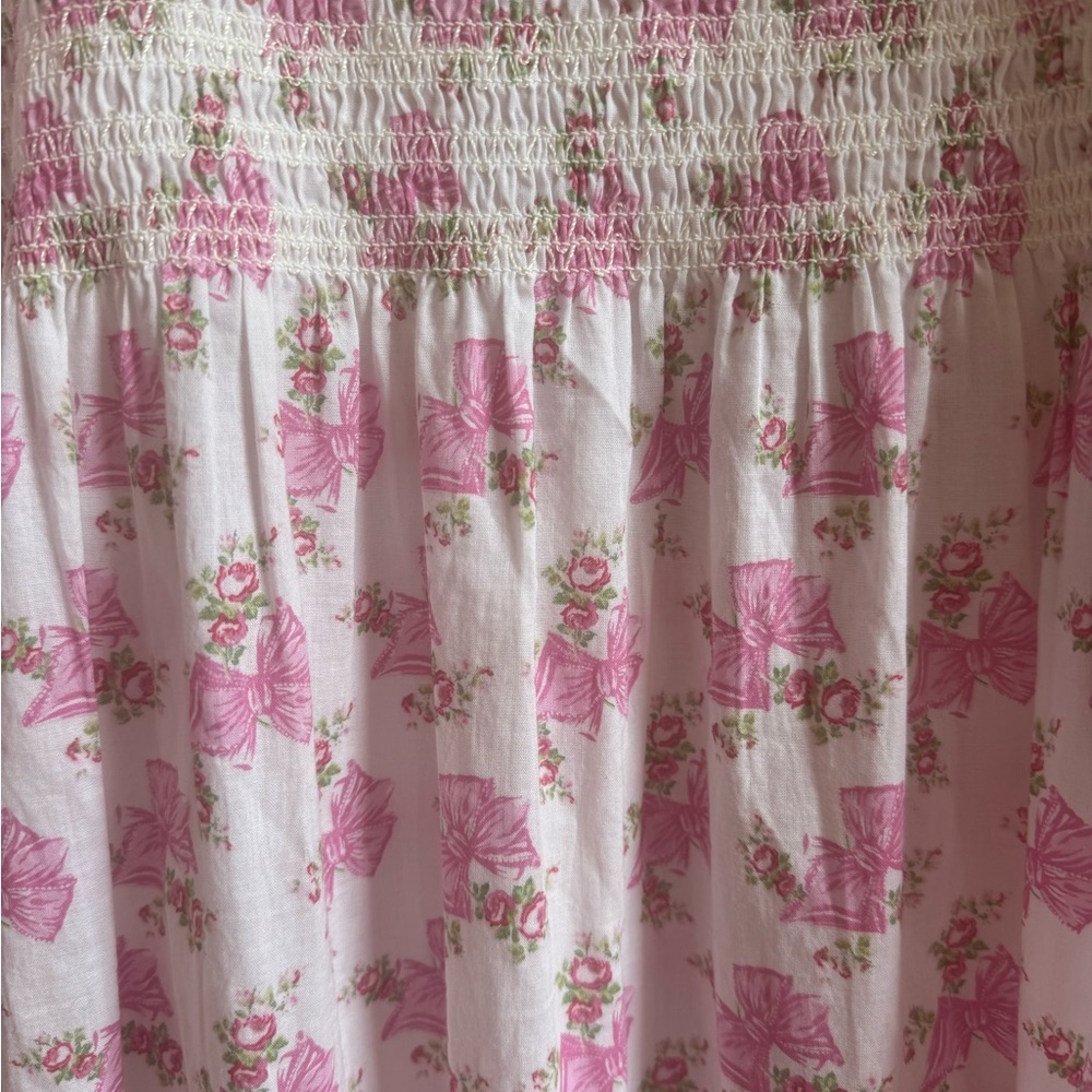 Loveshackfancy Cotton Rose Beaux Midi Dress Small Floral Bow Smocked White Pink - Picture 6 of 7